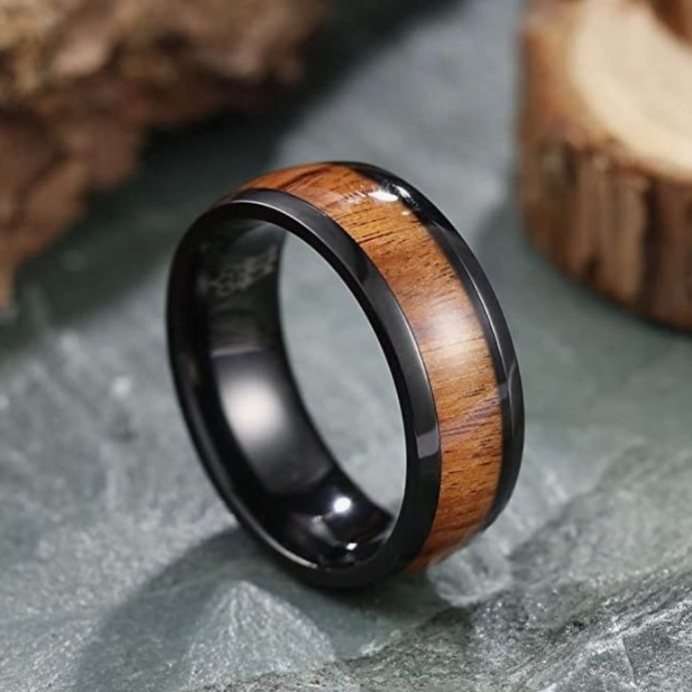 Titanium Tungsten Rosewood Inlay Three Keys Jewelry Size 12